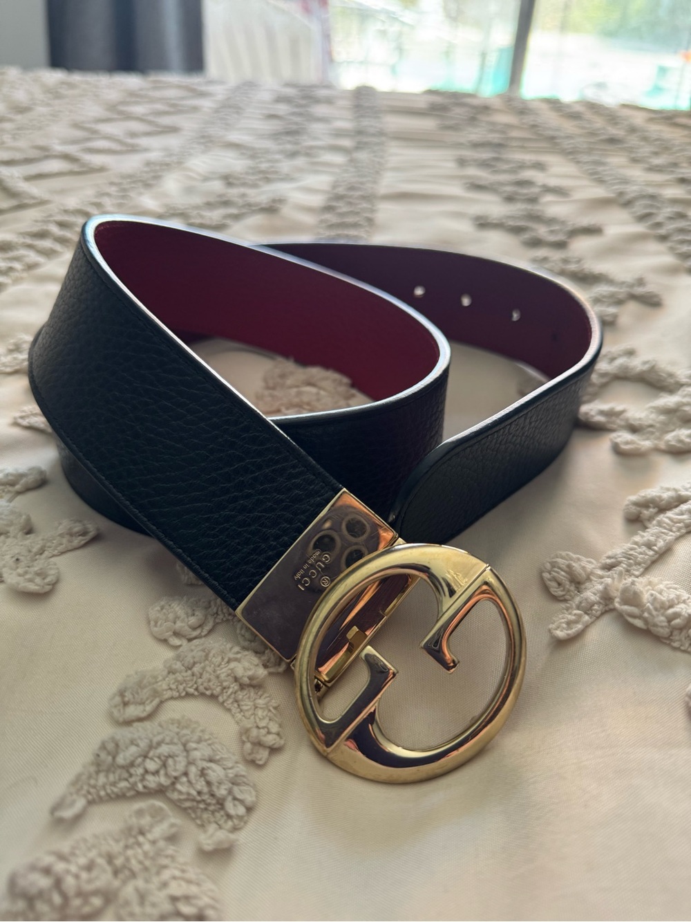 Genuine Reversible Gucci Black & Red Leather Belt with Gold Double G Buckle